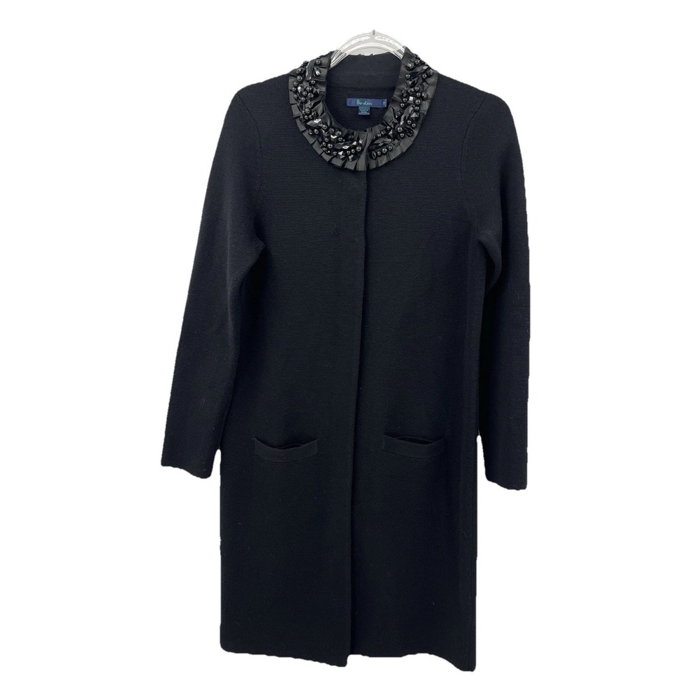 BODEN 100% WOOL‎ LONG Black CARDIGAN WITH POCKETS BEADED COLLAR USA 12 Jacket